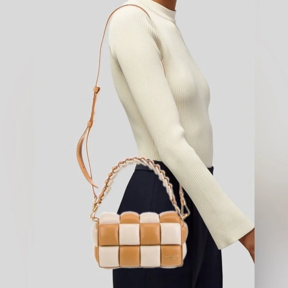 Limited Edition Kate Spade Boxxy East West Woven leather Tan Cream Bag excellent - Picture 4 of 6